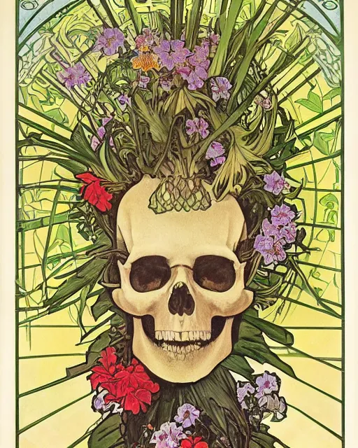 Image similar to Poster of an ancient skull with pineapple leaves growing out of the top art surrounded by varities of flowers, cell shading, by Alphonse Mucha, Moebius, hiroshi yoshida, Art Nouveau, colorful, ultradetailed, vivid colour, 3d