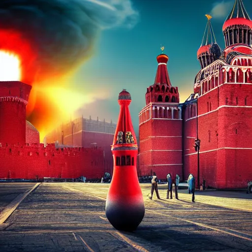 Image similar to a big nuclear explosion with realistic nuclear mushroom in Red Square Kremlin, dramatic lighting, cinematic, extremely high detail, photo realistic