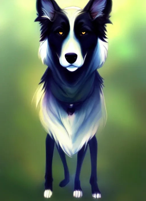 Prompt: wide angle beautiful full body portrait of a cute male bipedal border collie fursona posing in front of a park, character design by charlie bowater, henry asencio, and ross tran, furry art, furaffinity, beautiful, glamor pose, detailed, aesthetic, trending on artstation