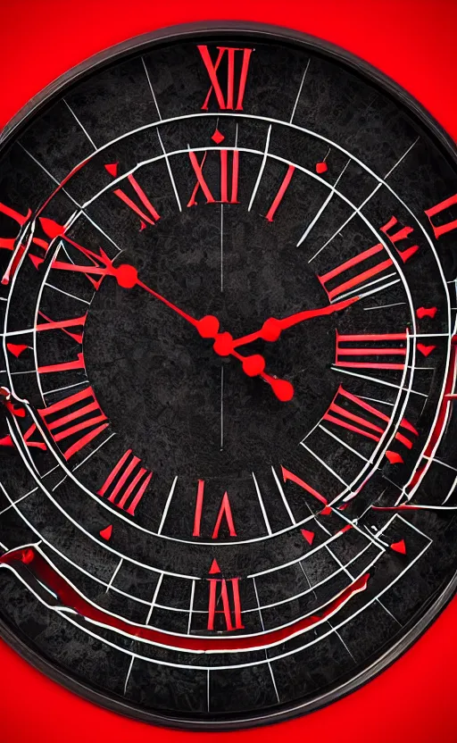 Image similar to a melting Roman numeral clock, behind a red and black gradient background, awith a black heart shaped on the top left corner and a black diamond card shape in the bottom right corner, dynamic lighting, photorealistic fantasy concept art, trending on art station, stunning visuals, cinematic, creative, ultra detailed