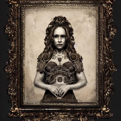 Image similar to ambrotype of a cthulhu high priestess in a baroque frame, trending on artstation, 4k