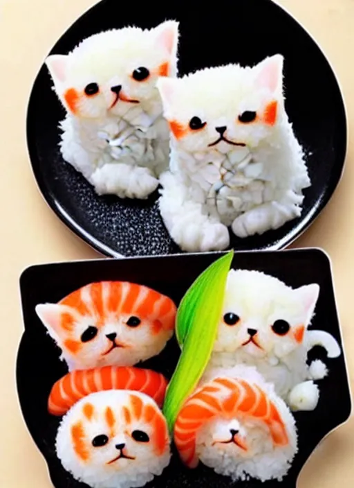 Image similar to clear photorealistic picture of adorable cats made out of sushi