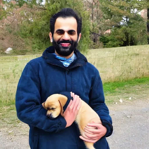 Prompt: half persian man, holding a dog