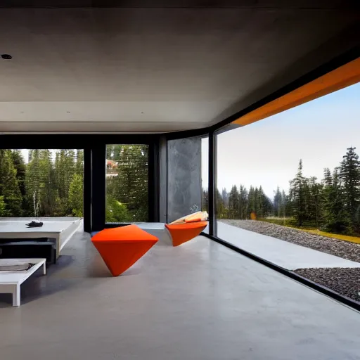 Image similar to large futuristic residence, cascadian, white and gray concrete, many large windows, triangular elements, orange metal