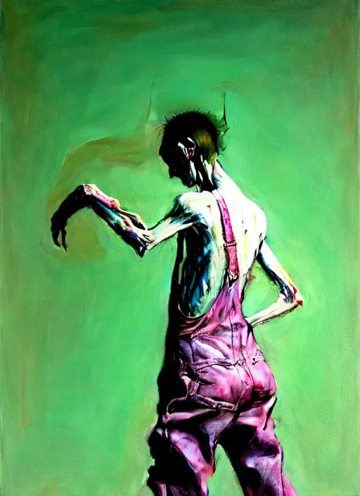 Image similar to an insane, skinny artist wearing torn overalls, expressively twisted body, fighting with a large ghost, depth of field, hauntingly surreal, highly detailed oil painting, by francis bacon, edward hopper, adrian ghenie, glenn brown, soft light 4 k, pink and green colour palette, cinematic composition, cinematic lighting, high quality octane render