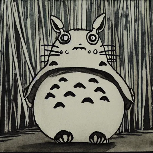 Prompt: “totoro surrounded by bamboo, ink wash painting”