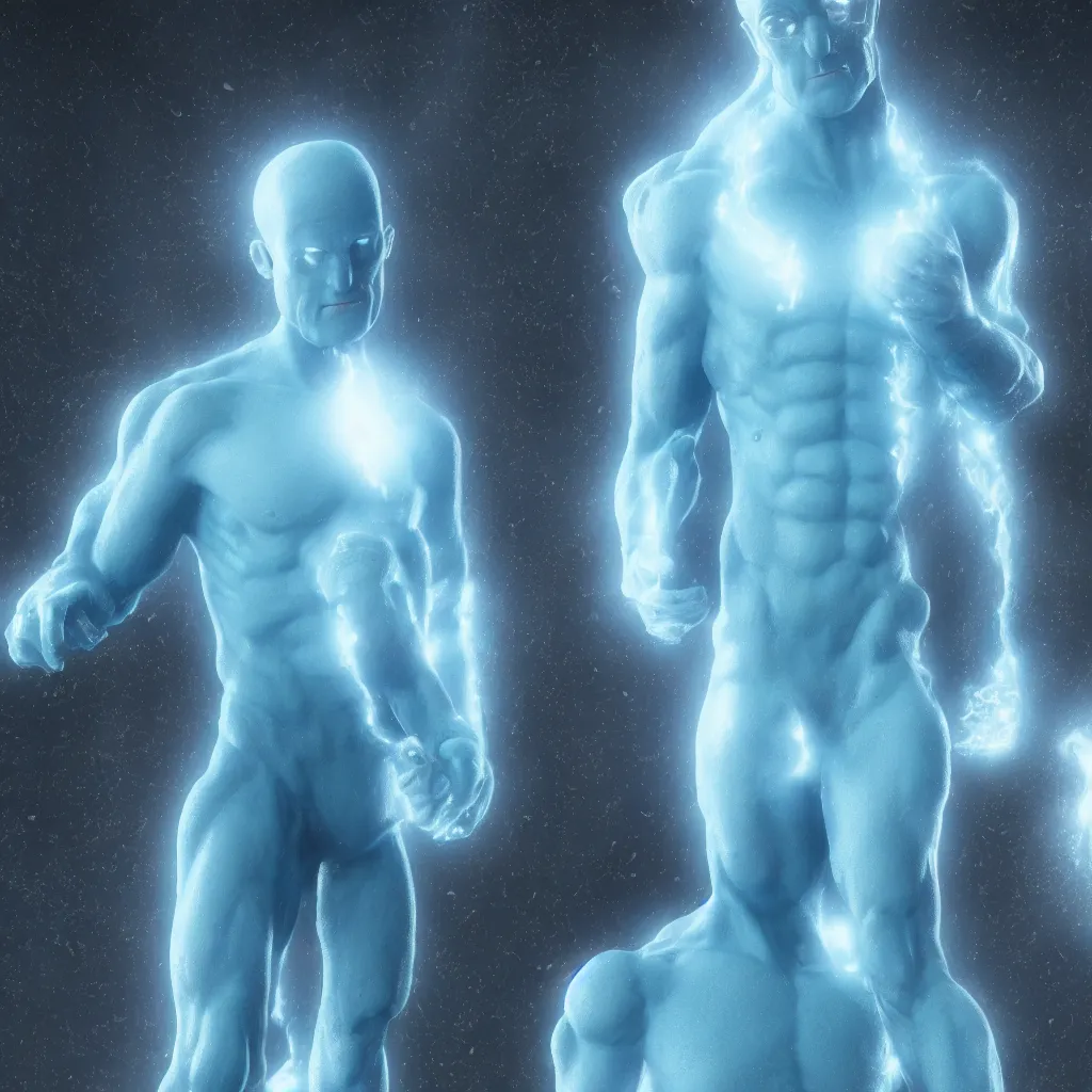 Image similar to dr. manhattan, watchmen, 8 k, octane render, mute blue, volumetric light, intricate detail, soft depth of field, intricate detail, photorealistic, cinematic lighting 4 k