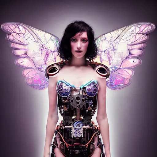 Image similar to a beautiful intricate fine art portrait photo of a a mechanical industrial steampunk cybernetic angel with neon wings against galactic space, soft backlight, by tom bagshaw and zach sutton, perfection!, milk bath photography, studio lighting, 3 5 mm lens, very detailed, bionic, cybernetic scifi, deep depth of field, artstation, 8 k, highly coherent