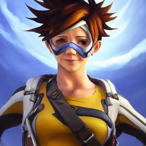 prompthunt: beautiful oil painting of tracer from the game overwatch in the  style of mark arian, standing alone in grassy field, smiling while the sun  shines down, feminine face, light rays, radiant