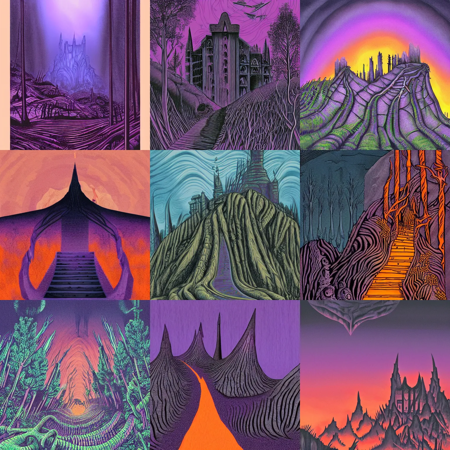 Image similar to giger illustration. dark purple steep and zig - zag path to evil fantasy castle over a high dark blue hill at night. orange to pink gradient sky and thunderstorm background. forest underneath
