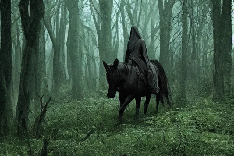 Prompt: film still of Nazgûl, stalking through the forest near the Shire, creepy, cinematic, epic composition, lotrcore