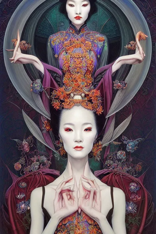 Image similar to symmetrical painting, a beautiful female immortal in transitional chinese dress, pretty, perfect face, elegant, ornate, luxury, elite, matte painting, by artgrem, by james jean, by brian froud, by wayne barlowe