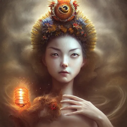 Image similar to by artgerm and agostino arrivabene, visually stunning, cinematic, ultra realistic, hyper realism, epic, octane render, unreal engine, vfx, geisha in garden, murloc tinyfin, dread infernal, wee whelp, battle ram