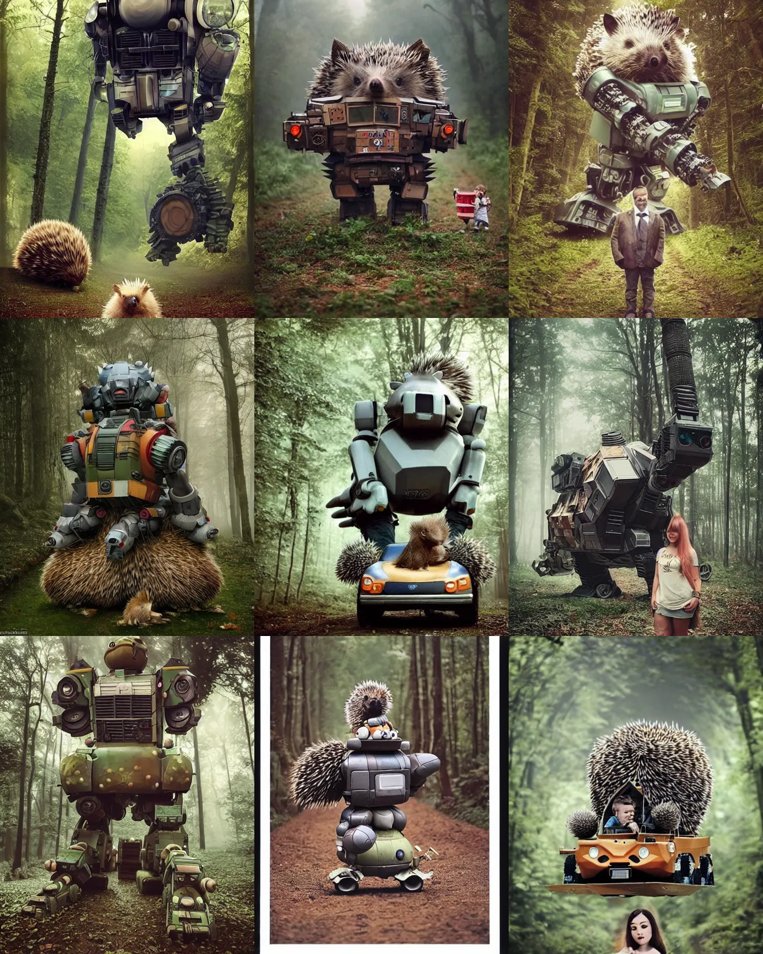 Prompt: epic pose!!! giant oversized battle hedgehog robot wacky chubby war mech vehicle! double decker bus with giant oversized hair and hedgehog babies ,on forest path , full body , Cinematic focus, Polaroid photo, vintage , neutral dull colors, soft lights, foggy mist , bokeh , by oleg oprisco , by thomas peschak, by discovery channel, by victor enrich , by gregory crewdson