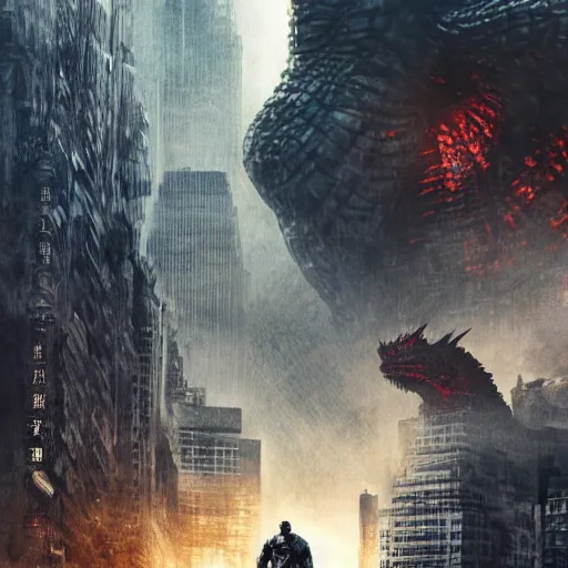 Image similar to Liam Neeson versus Godzilla, post-apocalyptic, hulking, close up, urban background, highly detailed, artstation, movie poster, sharp focus, illustration, art by artgerm and greg rutkowski