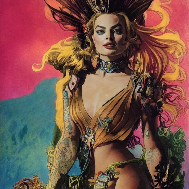 Prompt: an aesthetic!, a detailed portrait of margot robbie dressed as a leather - bound, tattooed, punk - rock princess with a flaming mohawk, by frank frazetta and alphonse mucha, oil on canvas, bright colors, art nouveau, epic composition, dungeons & dragons, fantasy art, concept art, god rays, ray tracing, crisp contour lines, huhd - 8 k