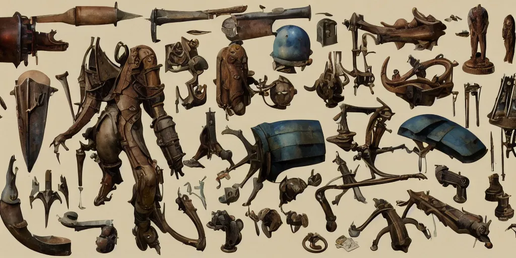 Image similar to collection of vintage early xx century props and gadget, moebius, items, concept art, hard surface, kitbash, parts, shape and form, in watercolor gouache detailed paintings, modular, pieces, golden ratio, weapon, big medium small, insanely details, wes anderson, bungie, lovecraftian style, by makoto shinkai, by beksinski