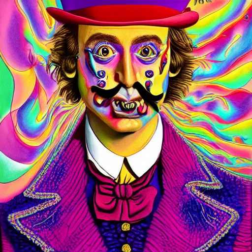 Image similar to an extremely psychedelic portrait of willy wonka as salvador dali, surreal, lsd, face, detailed, intricate, elegant, lithe, highly detailed, digital painting, artstation, concept art, smooth, sharp focus, illustration,