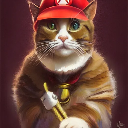 Image similar to Portrait of a Cat as Super Mario, Nintendo, super mario bros poster, highly detailed, digital painting, artstation, concept art, smooth, sharp focus, illustration, art by artgerm and greg rutkowski and alphonse mucha