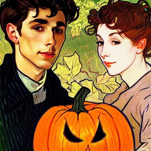 Image similar to painting of handsome young delicate beautiful jeffrey in his 2 0 s with brown hair and gorgeous rina together at the jack o'lantern halloween party holding pumpkins, elegant, clear, painting, stylized, art, art by alphonse mucha, vincent van gogh, egon schiele,