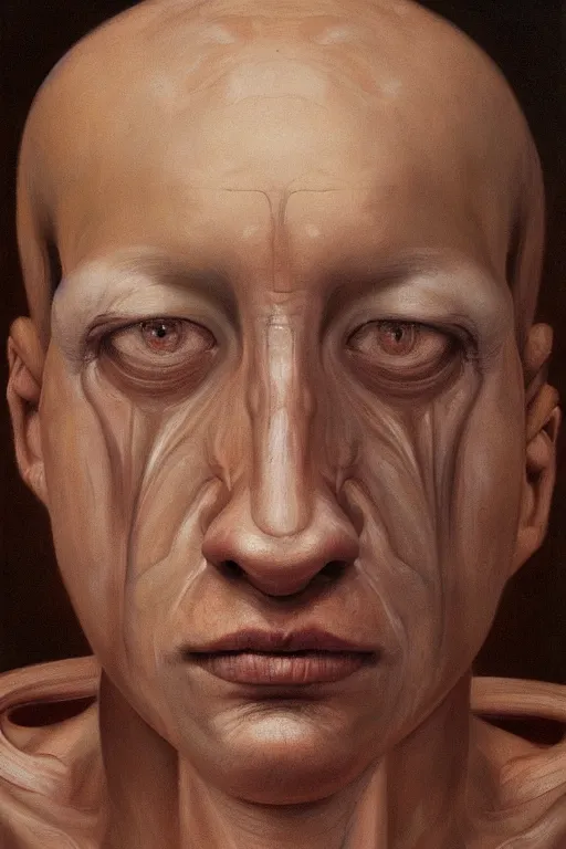 Prompt: beautiful clean oil painting biomechanical portrait of man face by vanessa beecroft, wayne barlowe, rembrandt, complex, stunning, realistic, skin color