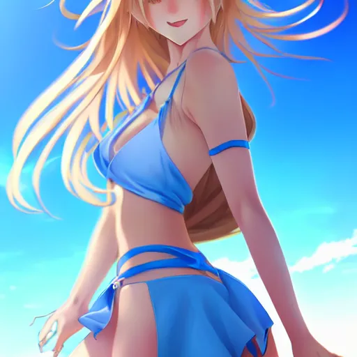 Image similar to a very beautiful young anime giantess from below, full body, long wavy blond hair, sky blue eyes, full round face, evil grin, bikini, miniskirt, front view, mid - shot, highly detailed, cinematic wallpaper by stanley artgerm lau