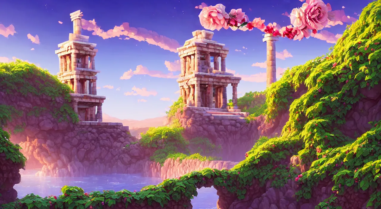 Image similar to little wood bridge painting of atlantis zeus statue and hill valley grec temple of olympus glory tower ivy plant grow flower multicolor rose, in marble incrusted of legends heartstone official fanart behance hd by jesper ejsing, by rhads, makoto shinkai and lois van baarle, ilya kuvshinov, rossdraws global illumination