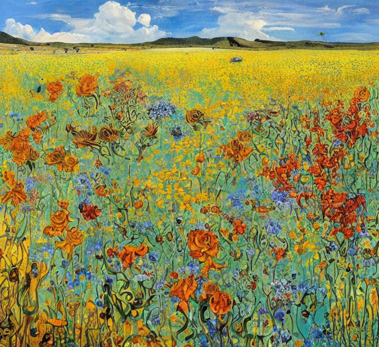 Prompt: highly detailed oil painting of a field of flowers painted by salvador dali