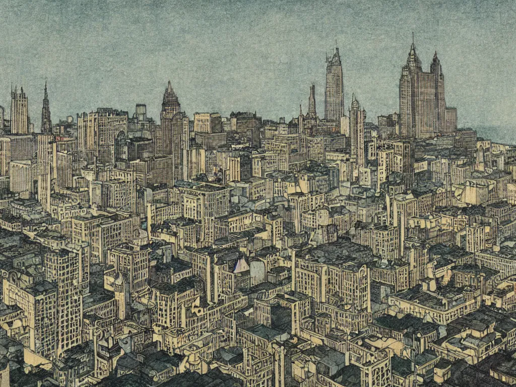 Image similar to highly detailed illustration of the milwaukee!!! skyline, by edmund dulac and android jones, scans from museum collection