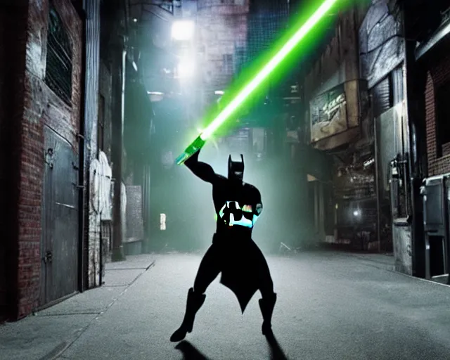 Image similar to a photograph of Batman holding a green lightsaber in a dark city alleyway at nighttime