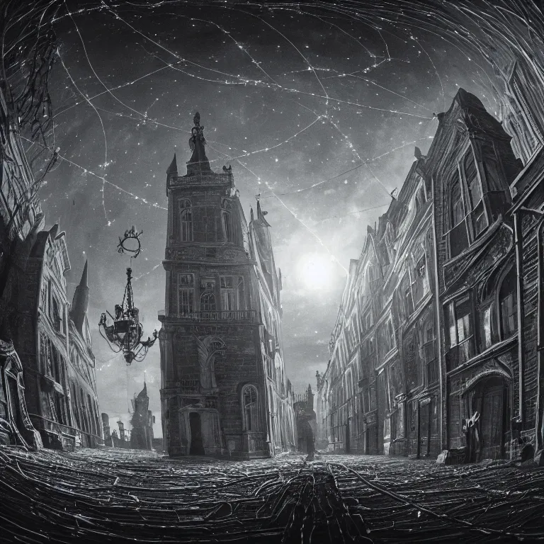 Image similar to An 18th century (lovecraftian) gothic city at night with a star filled sky. Greasy luminescent cables are emerging from cracks on the ground. Low angle shot, super wide shot, fish eye, 4k.