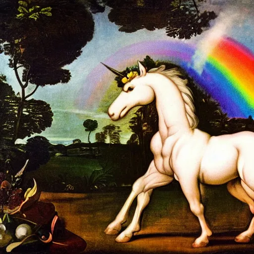 Prompt: a unicorn walking on a rainbow in the style of Caravaggio
