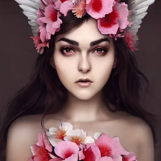 Image similar to sasha grey expressive full body photo, of beautiful angel, smooth glowing skin, ornate headpiece made from pink flowers, glamour shot, by yoshitaka amano, by greg rutkowski, by jeremyg lipkinng, by artgerm, digital art, octane render