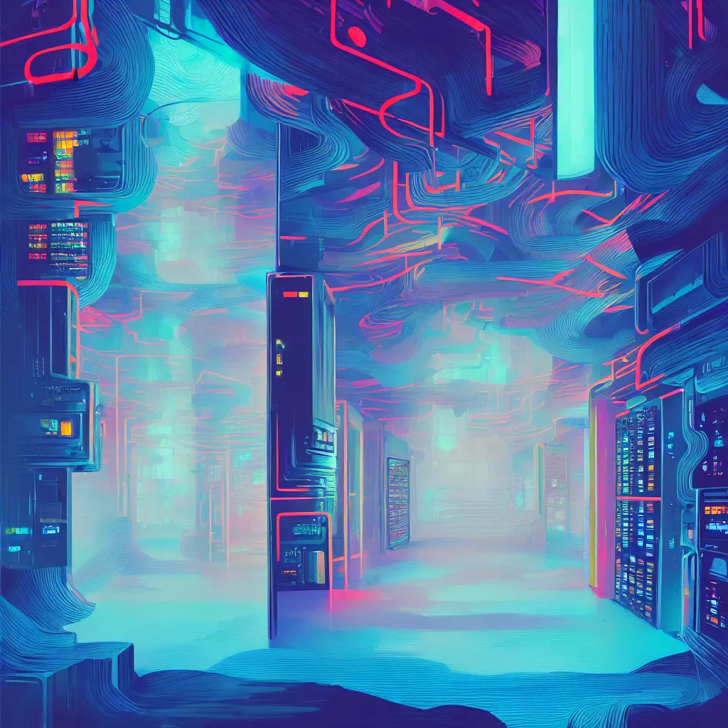 Prompt: illustration of a data-center architecture or schema, security agent, data-stream or river, painting by Jules Julien, Leslie David and Lisa Frank and Peter Mohrbacher and Alena Aenami and Dave LaChapelle muted colors with minimalism