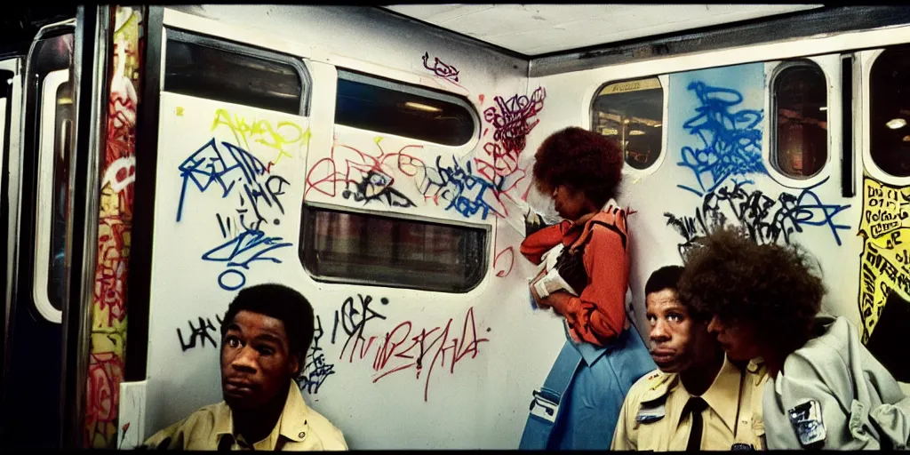 Image similar to new york subway cabin 1 9 8 0 s inside all in graffiti, policeman closeup, coloured film photography, christopher morris photography, bruce davidson photography