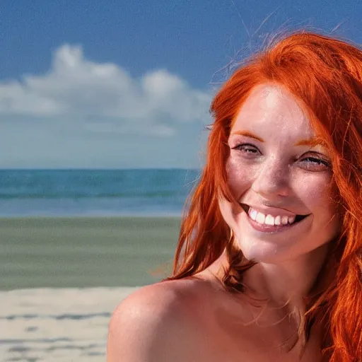 Image similar to digital art of redhead at the beach, freckles, dimples, smiling, flirting, eye contact