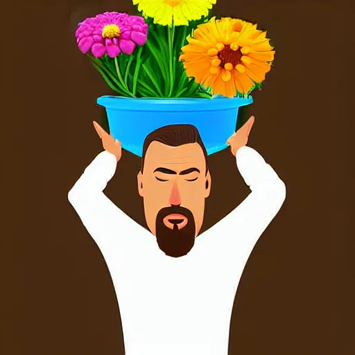 Image similar to man pouring water on head, flowers are in a pot on his head, the pot is part of his head, high detail, 8K digital art