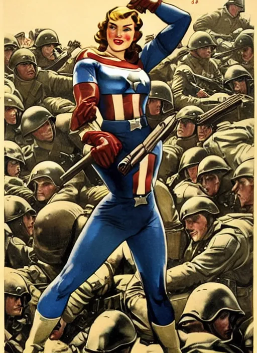 Image similar to beautiful female captain america standing on a pile of defeated german soldiers. feminist captain america wins wwii. american wwii propaganda poster by james gurney. gorgeous face. tactical gear. overwatch