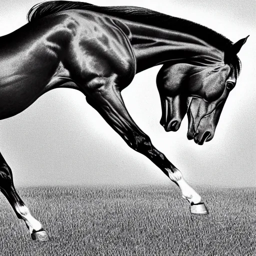 Image similar to A beautiful illustration of a horse. The horse is shown running through a field with a flowing mane and tail. The background is a peaceful blue sky. heliotrope by Mark Arian, by Herbert List