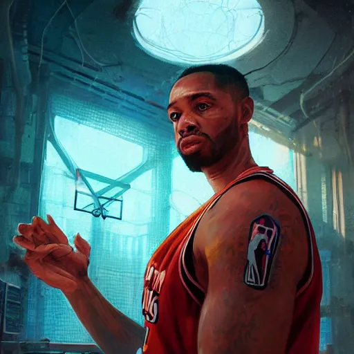 Image similar to highly detailed basketball player, in gta v, stephen bliss, unreal engine, fantasy art by greg rutkowski, loish, rhads, ferdinand knab, makoto shinkai and lois van baarle, ilya kuvshinov, rossdraws, tom bagshaw, global illumination, radiant light, detailed and intricate environment