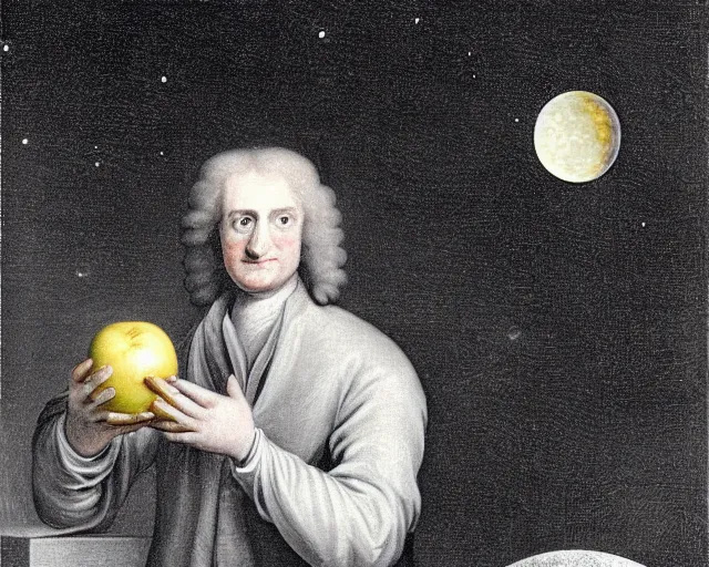 Image similar to isaac newton holding an apple in his hands and looking at the moon