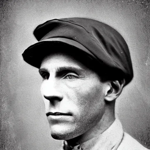 Image similar to A photograph portrait of Jerma985 wearing a newsboy cap in the early 1900s, taken in the early 1900s, grainy, taken on a early 1900s Kodak Camera, realistic, hyperrealistic, very realistic, highly detailed, very detailed, extremely detailed, detailed, digital art, trending on artstation