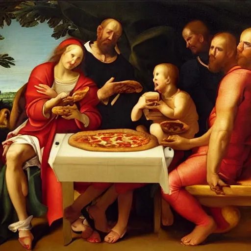 Image similar to renaissance painting of a group of people eating pizza