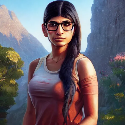 Image similar to highly detailed portrait, mia khalifa, in gta v, stephen bliss, unreal engine, fantasy art by greg rutkowski, loish, rhads, ferdinand knab, makoto shinkai and lois van baarle, ilya kuvshinov, rossdraws, tom bagshaw, global illumination, radiant light, detailed and intricate environment