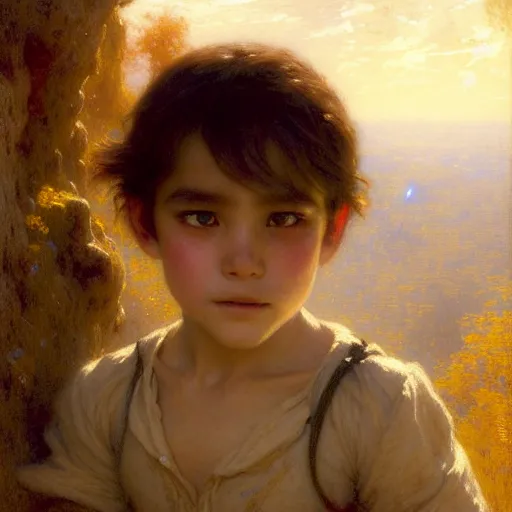 Image similar to a gaston bussiere's film still portrait of child hiker finding a city inside a cava, finely detailed features, closeup at the faces, sun, water, perfect art, gapmoe yandere grimdark, trending on pixiv fanbox, painted by greg rutkowski makoto shinkai takashi takeuchi studio ghibli, gaston bussiere