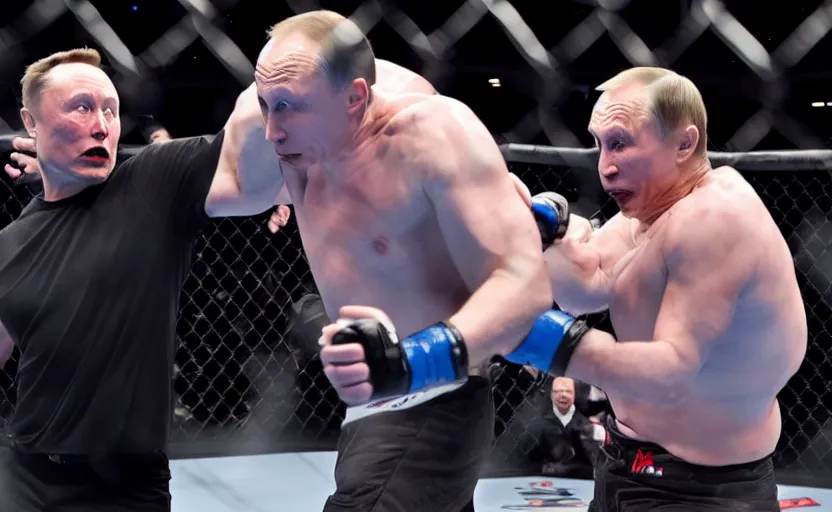 Image similar to Elon musk fighting Vladimir Putin in the MMA octagon, cinematic shot