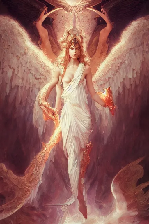 Image similar to portrait of an angelic demon, gates of hell and heaven, godlike, full body, fantasy, intricate, elegant, highly detailed, digital painting, artstation, concept art, sharp focus, illustration, art by artgerm and greg rutkowski and alphonse mucha and ross tran