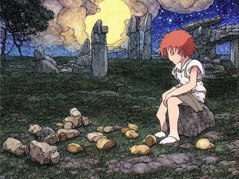 Image similar to cell shaded studio ghibli movie still fantasy concept art of a kid playing with stones like they are toys in stonehenge. it is a misty starry night. by rebecca guay, michael kaluta, charles vess