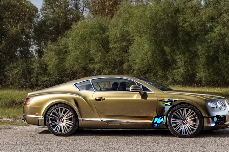 Image similar to Bentley Continental GT in shiny gold film drives along old Russian village road