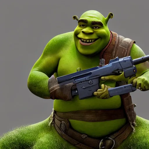 Image similar to shrek as gun, masterpiece, highly detailed, high quality, 4 k, anatomically correct, hyperrealistic, concept art, octane render, unreal engine 5, trending on artstation, trending on deviantart, matte, historical painting, fantasy style, path traced, high coherence, soft lighting, digital painting, mythical